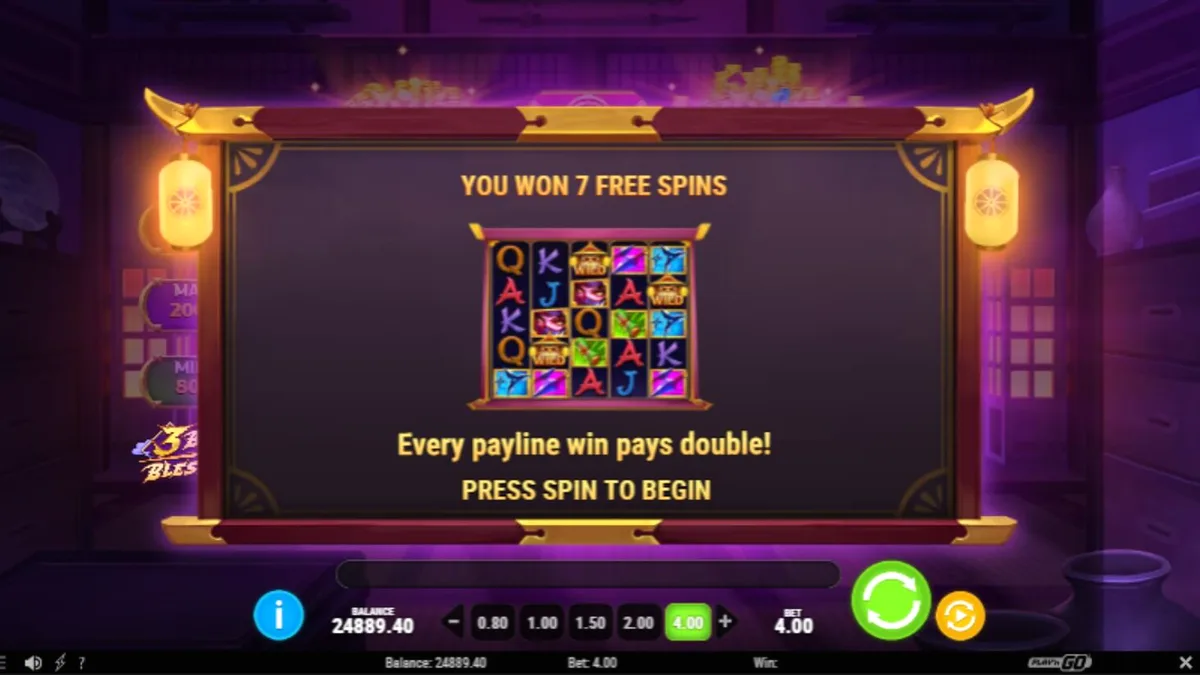 Tampilan visual slot 3 Blades & Blessings dengan tema ninja dan Jepang feodal